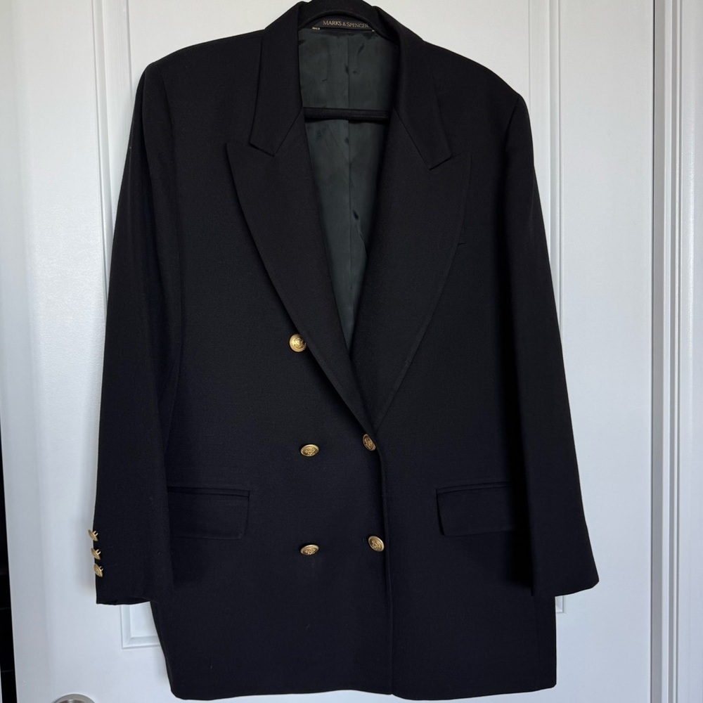 Vintage Marks & Spencer St Michael Black Pure Wool Blazer Double Breasted sz 10